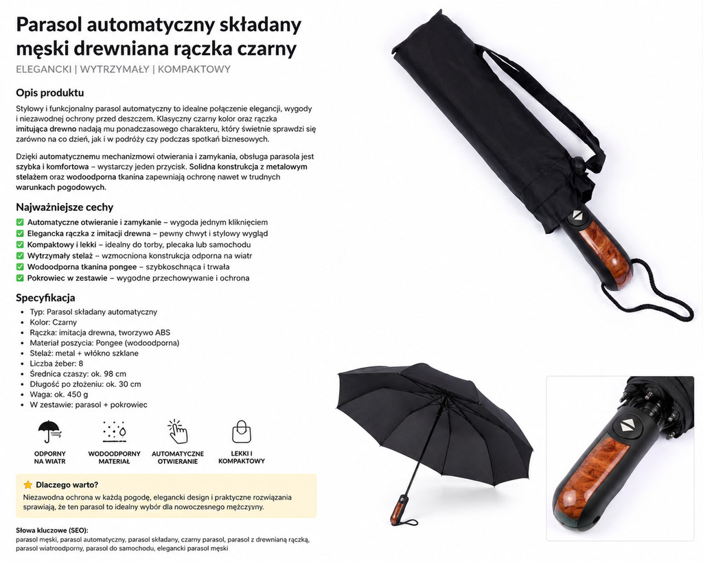 Automatic Folding Umbrella with Wood Handle | Unisex Windproof Umbrella