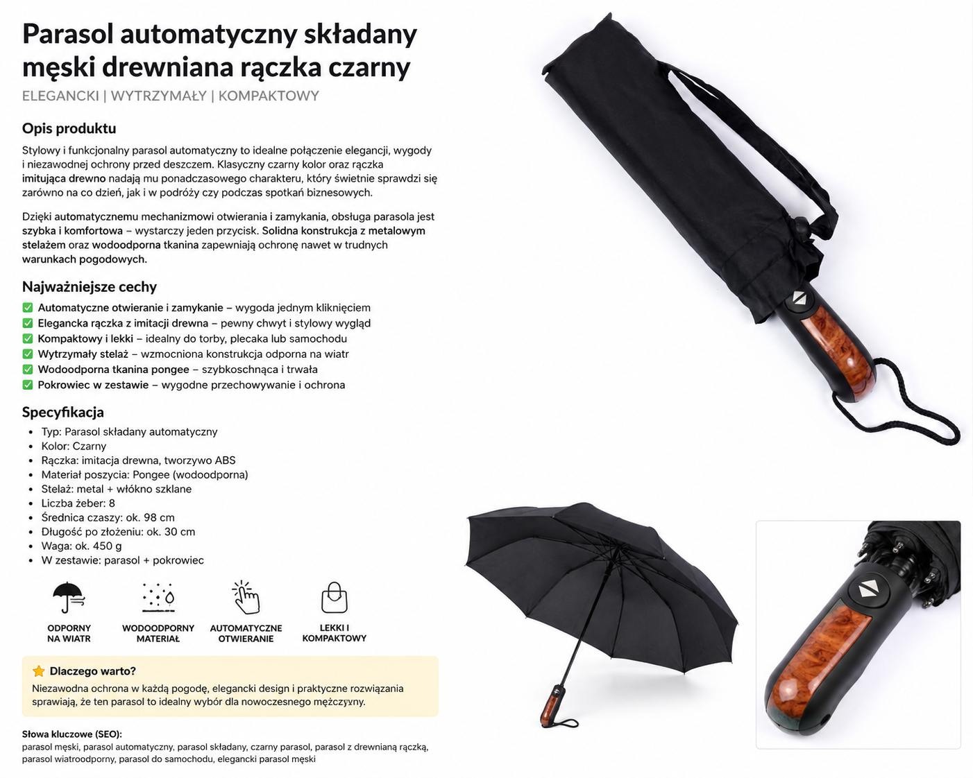 Automatic Folding Umbrella with Wood Handle | Unisex Windproof Umbrella